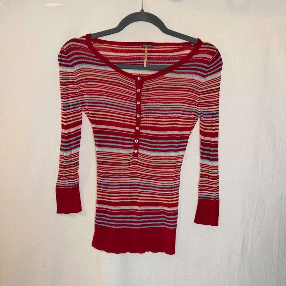 Free People Red Striped Henley Top Long Sleeve Ribbed Knit Button Down Small